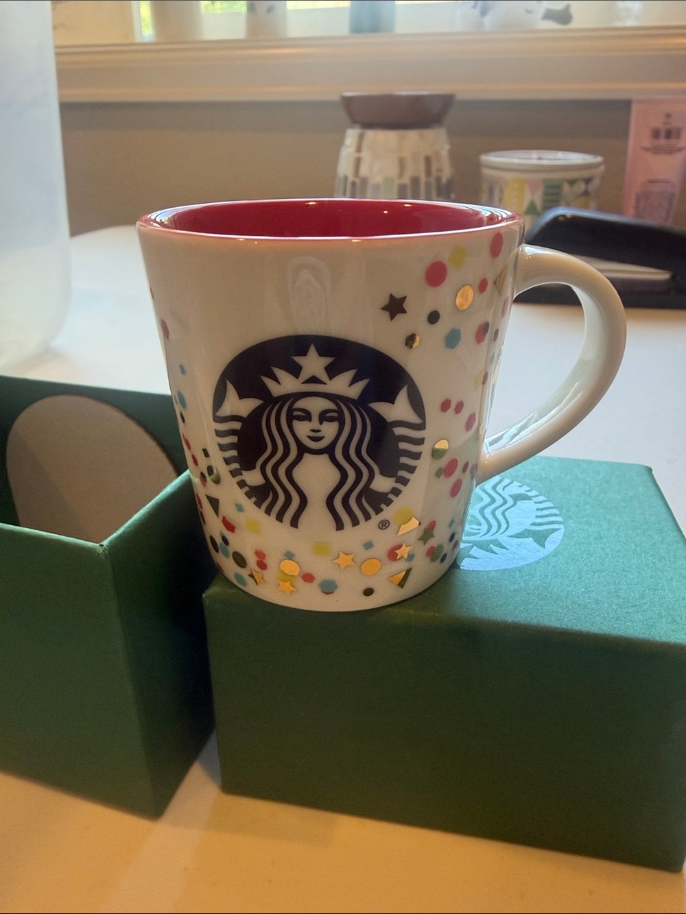 Starbucks 3oz. Espresso Mug with Red Interior and Multicolor Confetti 2016